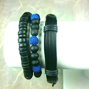 Bracelets Men's set of 3 bundle stackable black leather blue lava rock wood bead